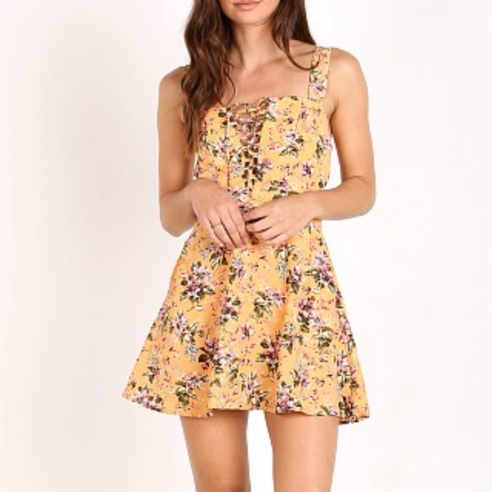 Flynn Skye Lace Up Leila Mini Dress Squash Blossom Print Pockets Zipper Back